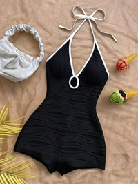 Damen Badeanzug mit Halterneck und Wellenmuster – Eleganter Vintage-Stil für Strand und Pool in Schwarz
