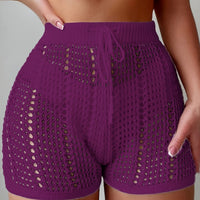 Ajour Kurze Hose mit hoher Taille für Damen, schicke und lässige Strandmode für Urlaub und Freizeit in Lila