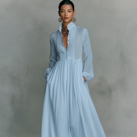 Astrid | Damen Maxikleid Leinenmischung Patchwork Knopfleiste Boho Casual in Blau