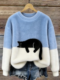 Damen Oversized Pullover mit Farbblockdesign und Katzenmotiv in Hellblau