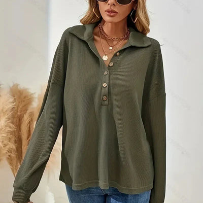 Bryanda® | Schicke herbstgrüne Rippbluse mit Knöpfen für Damen