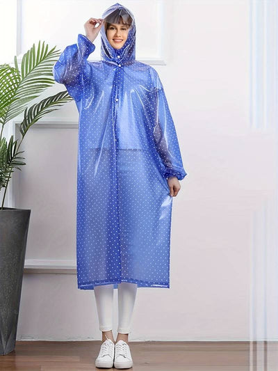 Stylische Lange Regenjacke mit Knopfleiste, Kapuze und Punktmuster für Damen | Ideal für den Winter