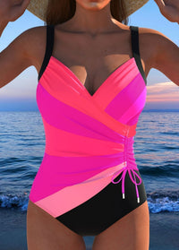 Eleganter Surplice-Badeanzug mit auffälligem buntem Druck in Rosa