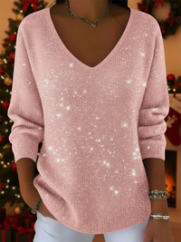 Falyn – Eleganter Pullover Mit V-Ausschnitt Und Glitzer in Rosa