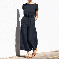 Gerader Jumpsuit mit Falten am Revers ohne Gürtel - Nora in Schwarzes Kurzarm