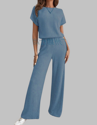 Paula | Damen Rippstrick-Set Kurzarm Top Weite Hose Casual in Blau