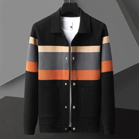 Cole | Herren Strickjacke Streifen Snap-Button Varsity Herbst in Schwarz-Orange