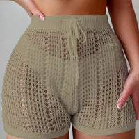 Ajour Kurze Hose mit hoher Taille für Damen, schicke und lässige Strandmode für Urlaub und Freizeit in Khaki