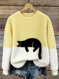 Damen Oversized Pullover mit Farbblockdesign und Katzenmotiv in Gelb