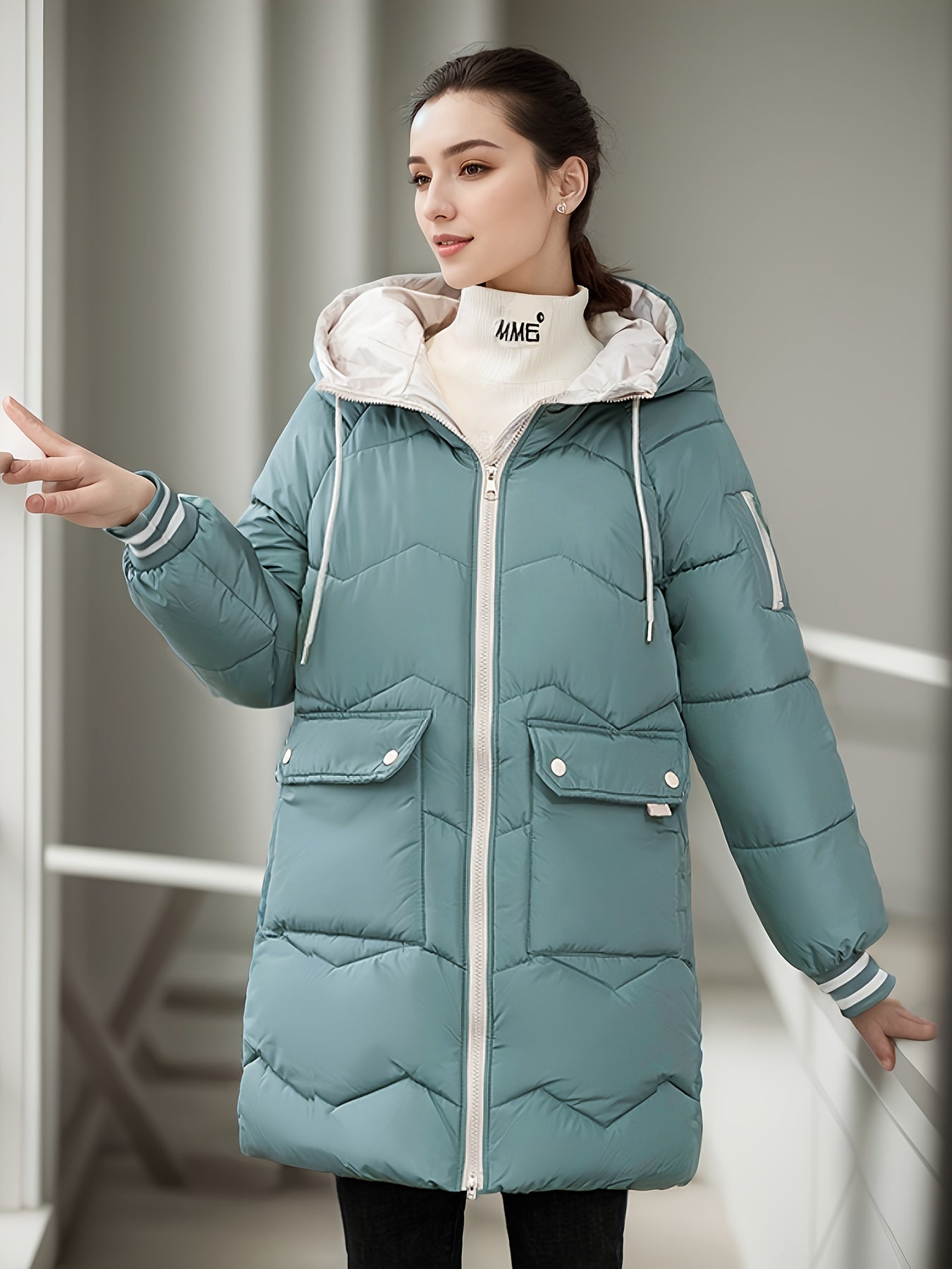 Langer lässiger Wintermantel mit Kordelzug und Klappentaschen für Damen |  Ideal für den Winter
