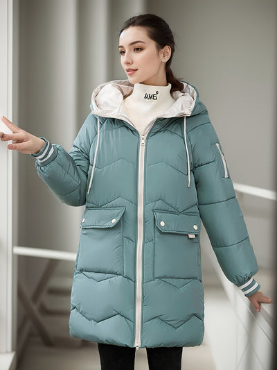 Langer lässiger Wintermantel mit Kordelzug und Klappentaschen für Damen |  Ideal für den Winter
