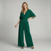 Léonie | Damen Jumpsuit Kurzarm V-Ausschnitt Elegant Modern Sommer in Grün