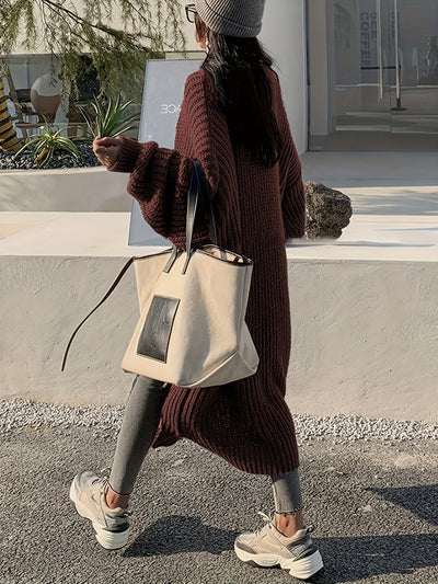 Lässiger Langer Wollstrick Cardigan mit Patches und Taschen für Damen | Ideal für den Winter