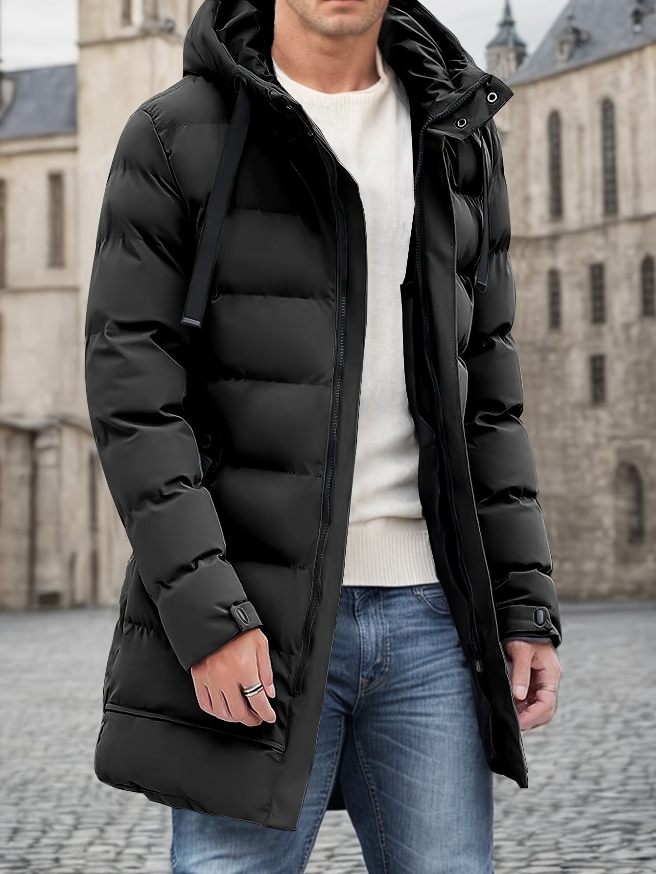 Eleganter Baumwoll-Steppmantel mit Kapuze und großer Tasche für Herren | Ideal für den Winter