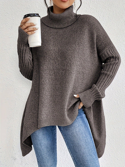 Lässiger Longpullover Damen mit Asymmetrischem Saum und Rollkragen aus Baumwolle für Damen | Ideal für den Winter