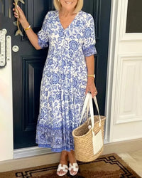 Meike | Damen Bohemian Kleid V-Ausschnitt Boho Romantic Sommer in Blau
