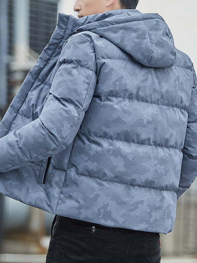 Warme Baumwoll-Steppjacke im Camouflage-Stil mit abnehmbarer Kapuze für Herren | Ideal für den Winter