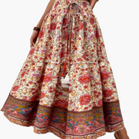 Damen Boho Lange Blumige Elegante Sommermode Rock mit Taschen in Braun