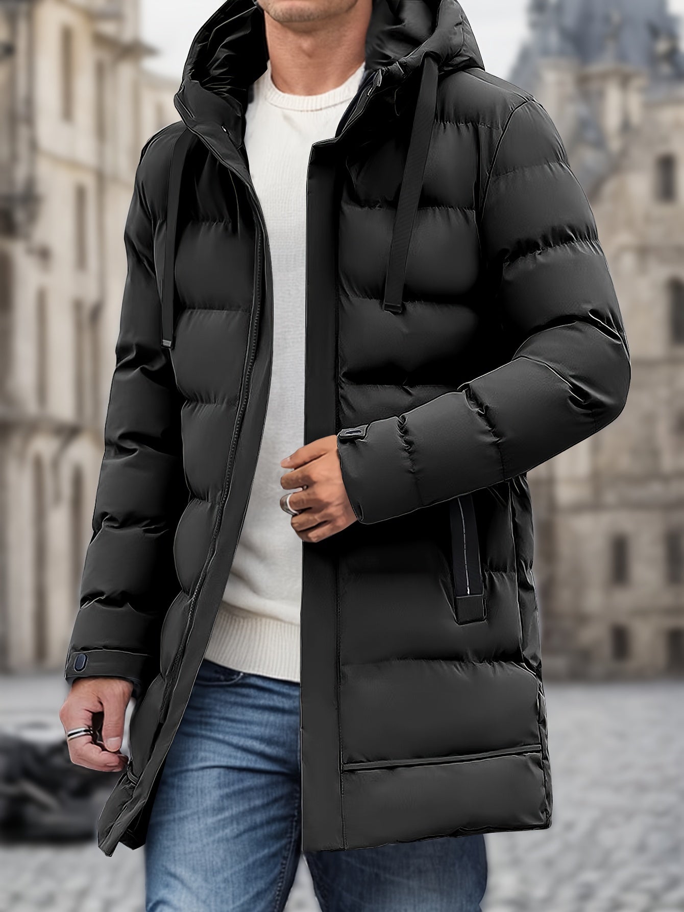 Eleganter Baumwoll-Steppmantel mit Kapuze und großer Tasche für Herren | Ideal für den Winter