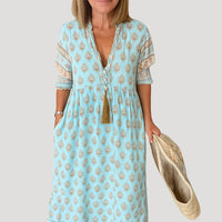 Thekla | Damen Boho Midikleid Taschen Praktisch Romantic Sommer in Blau