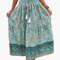 Damen Boho Lange Blumige Elegante Sommermode Rock mit Taschen in Türkis