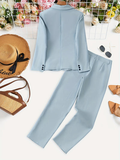 Elegantes Blazer Set in Hellblau mit Knopfdetails und Hose für Damen | Ideal für jeden Tag