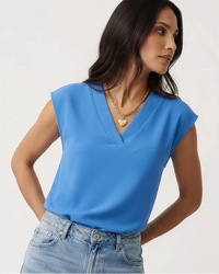 Sophie | Damen Blusentop V-Ausschnitt Kurzarm Unifarben Elegant Basic in Blau