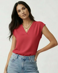 Sophie | Damen Blusentop V-Ausschnitt Kurzarm Unifarben Elegant Basic in Rot