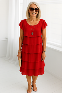 Damen Midi-Kleid mit kurzen Ärmeln in Schichten in Rot