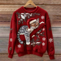 Elisabetta – Plüschpullover Mit Fauler Katze in Rot