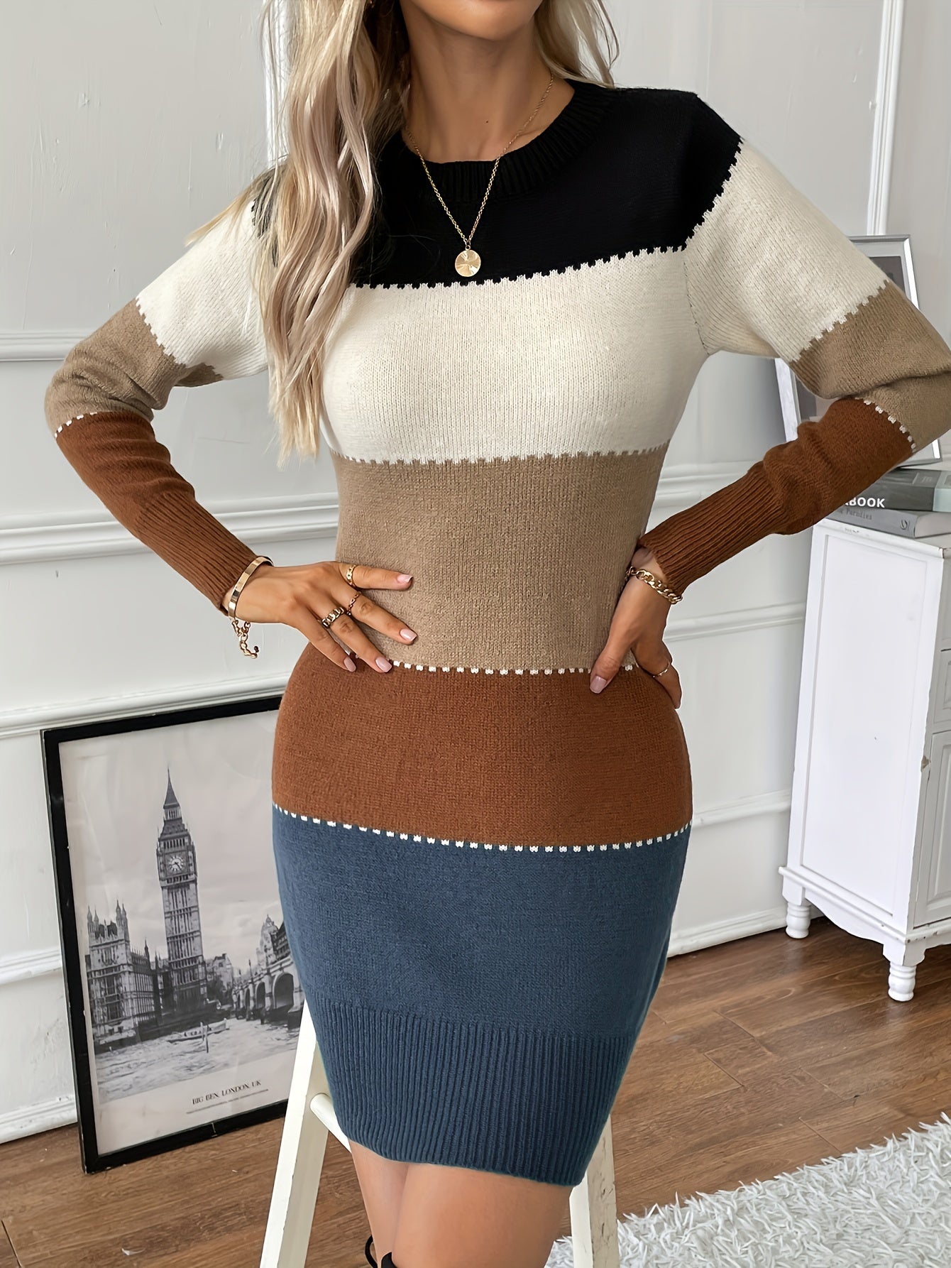 Stilvolles Baumwollkleid mit Farbblock-Design, langen Ärmeln und Rundhalsausschnitt für Damen | Ideal für den Sommer