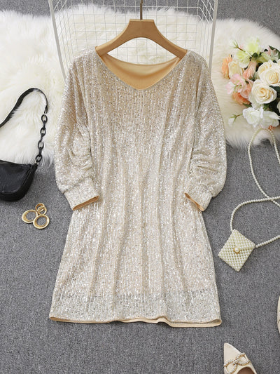 Casual Kontrast Pailletten V-Ausschnitt Langarm Party Wear festliches Kleid für Damen | Ideal für den Sommer