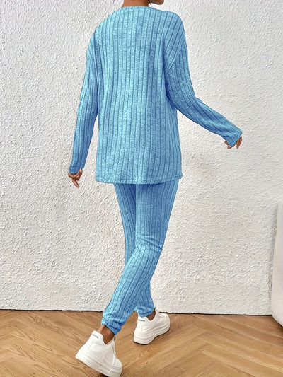 Damen Freizeit-Langarm-Rundhals-Oberteil und High-Waist-Skinny-Hosen-Set | Ideal für Active Wear