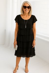 Damen Midi-Kleid mit kurzen Ärmeln in Schichten in Schwarz