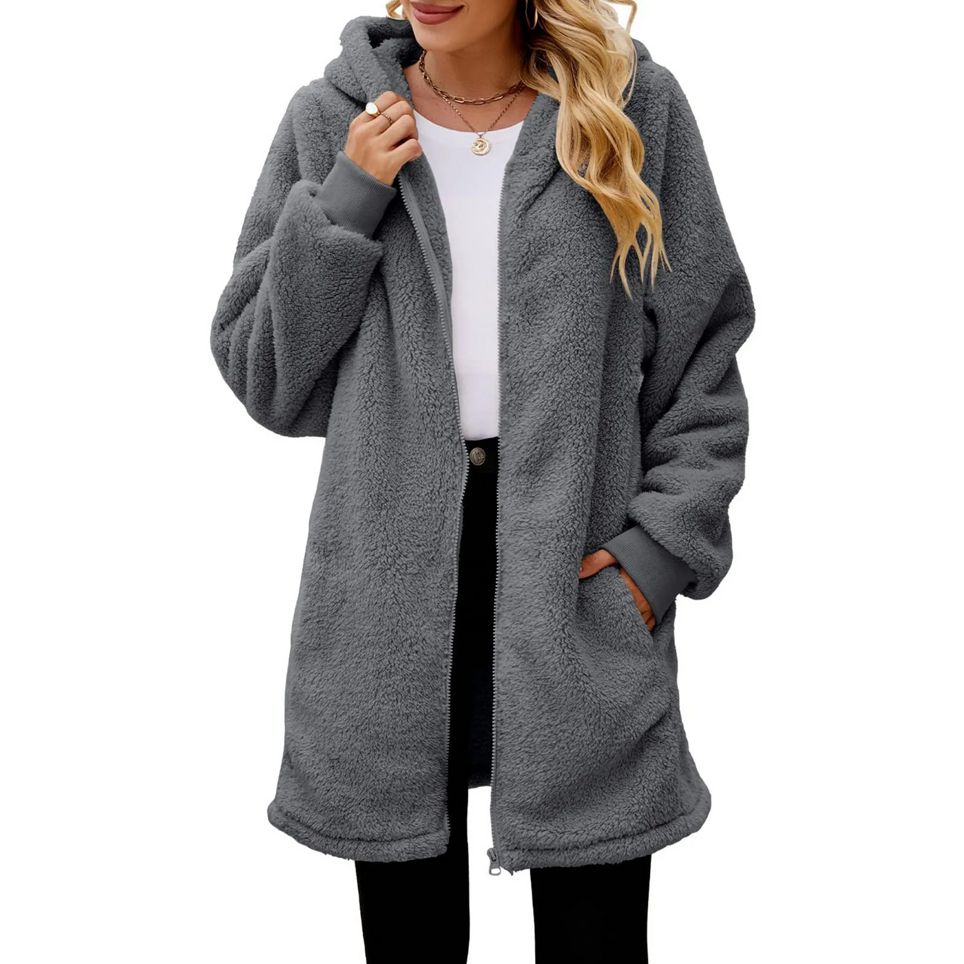 Warme Teddyjacke Damen mit Taschen und lockerer Passform