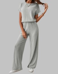 Paula | Damen Rippstrick-Set Kurzarm Top Weite Hose Casual in Grau