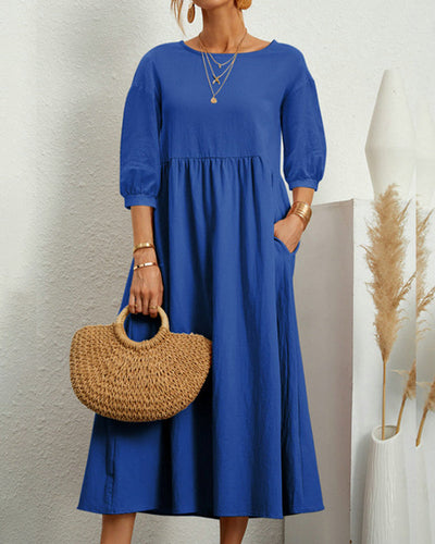 Damen Sommer Midikleid mit Rundhalsausschnitt und Taschen