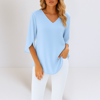 Sophie | Damen Bluse V-Ausschnitt Geschlitzte Ärmel Elegant Raffiniert in Blau