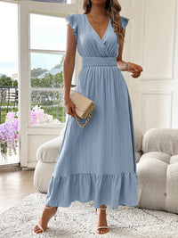 Alina | Damen Maxikleid V-Ausschnitt Rüschen Saum Romantisch Sommer in Himmelblau