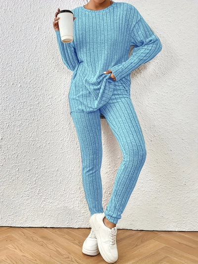 Damen Freizeit-Langarm-Rundhals-Oberteil und High-Waist-Skinny-Hosen-Set | Ideal für Active Wear