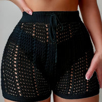 Ajour Kurze Hose mit hoher Taille für Damen, schicke und lässige Strandmode für Urlaub und Freizeit in Schwarz