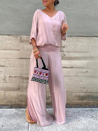 Saila | Damen Maxikleid V-Ausschnitt Fledermausärmel Unifarbe in Rosa