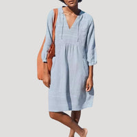 Hanne | Damen Leinenmischung Kleid V-Ausschnitt Halblang Natürlich Sommer in Blau