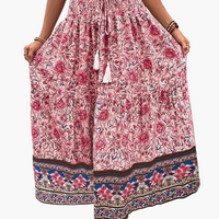 Damen Boho Lange Blumige Elegante Sommermode Rock mit Taschen in Rot