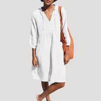 Hanne | Damen Leinenmischung Kleid V-Ausschnitt Halblang Natürlich Sommer in Weiß