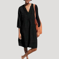 Hanne | Damen Leinenmischung Kleid V-Ausschnitt Halblang Natürlich Sommer in Schwarz