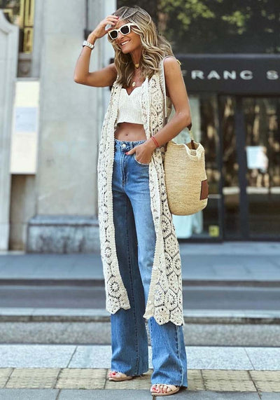 Fudus | Ärmellose Weinlese Strickjacke Mit Ausgehöhlter Spitze Und V-ausschnitt