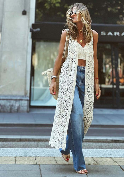 Fudus | Ärmellose Weinlese Strickjacke Mit Ausgehöhlter Spitze Und V-ausschnitt