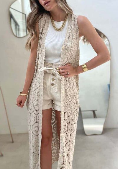 Fudus | Ärmellose Weinlese Strickjacke Mit Ausgehöhlter Spitze Und V-ausschnitt