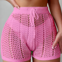 Ajour Kurze Hose mit hoher Taille für Damen, schicke und lässige Strandmode für Urlaub und Freizeit in Rosa